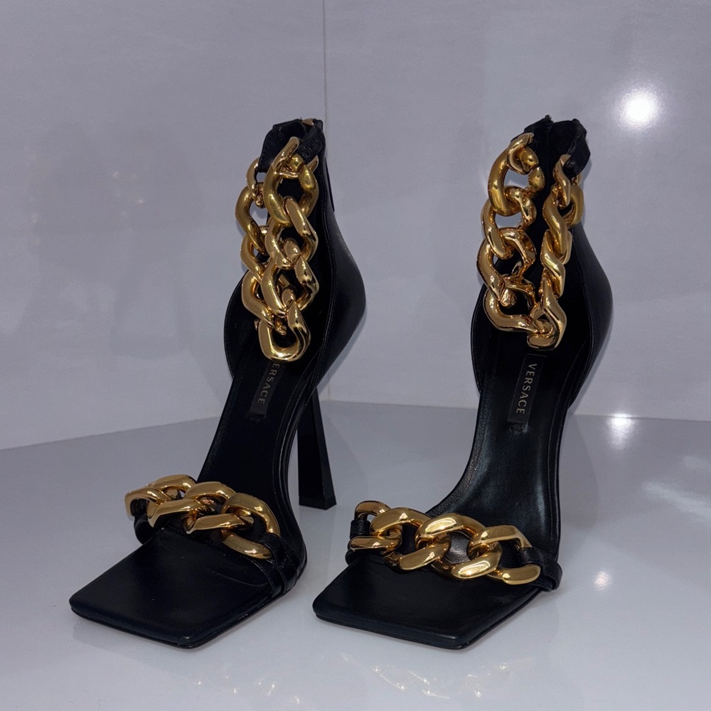 Versace Black Heels with Gold Chain Accents Authentic Brand New .
